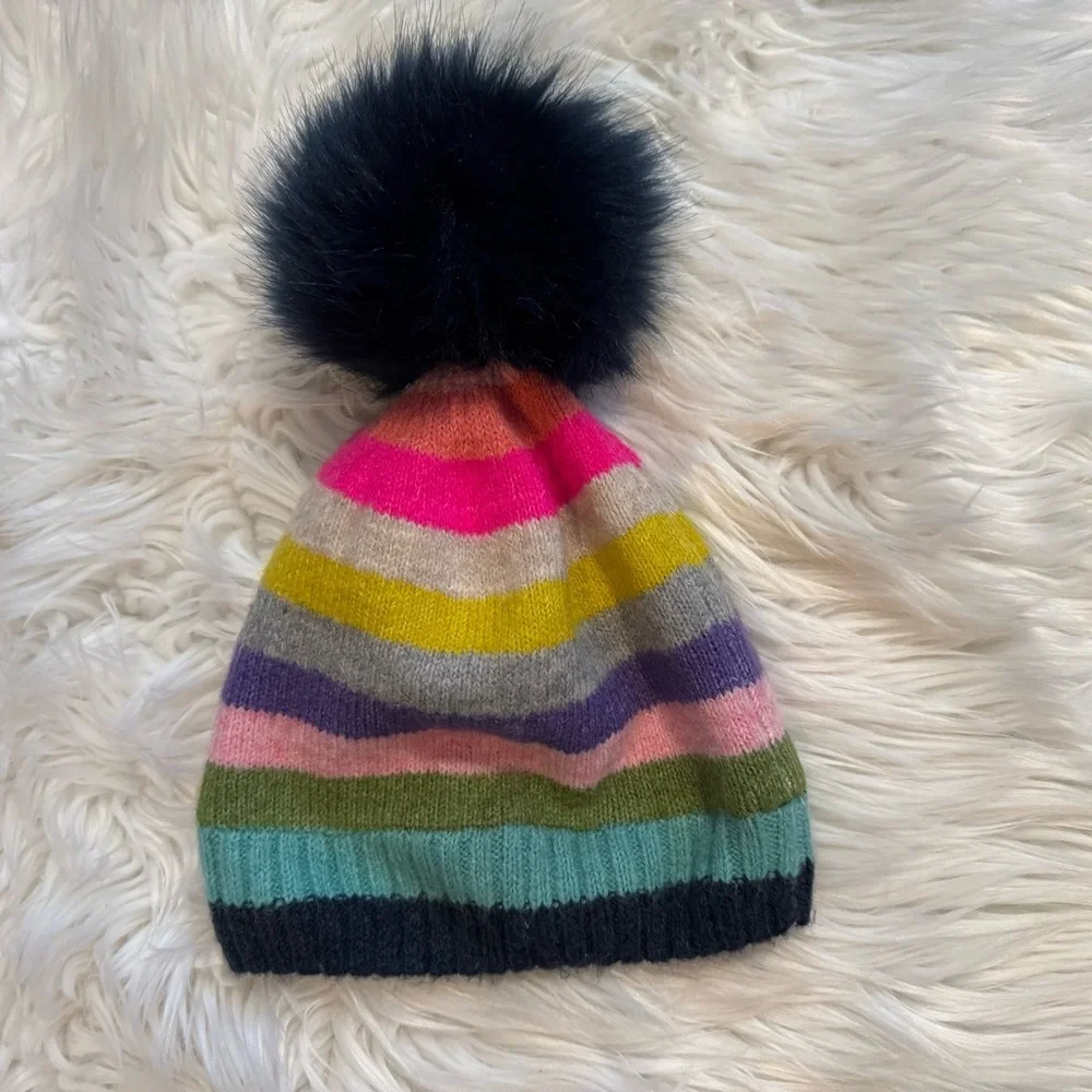 Gap Kids Rainbow Stripe Pom Pom Beanie Girls One Size Winter Knit Hat
